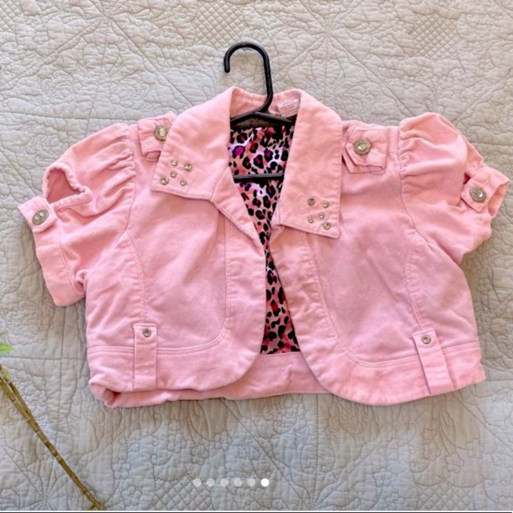 Short Pink jacket for girls. Size 10/12. Rhinestones and leopard print lining.